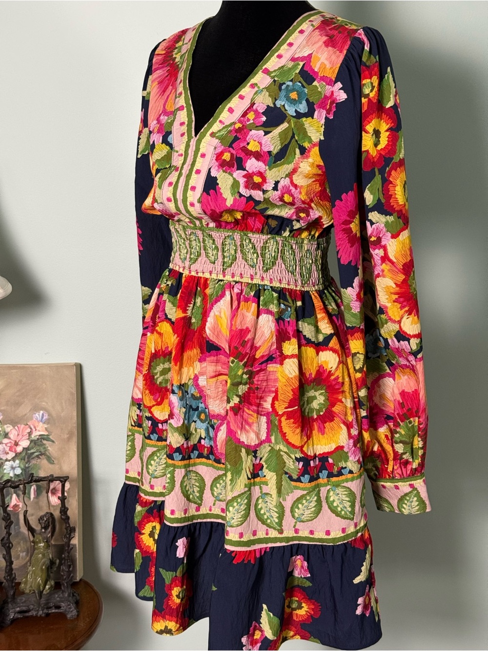 NWT Oddi Navy Floral V-Neck Long Sleeve Smocked-Waist Dress Floral Boarder S